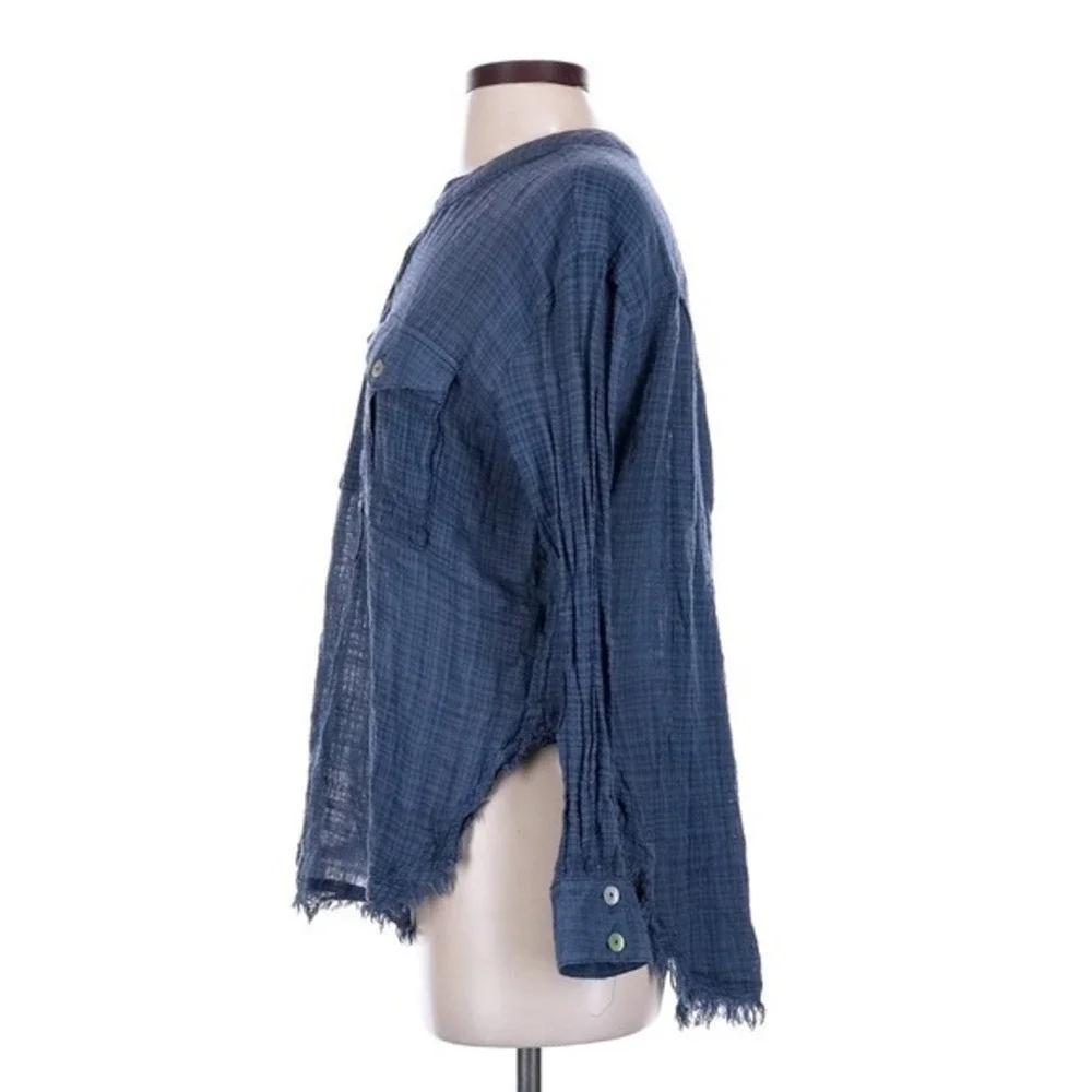 Free People Blue Gauze Tunic Top Long Sleeve Frayed‎ Hem Boho Small